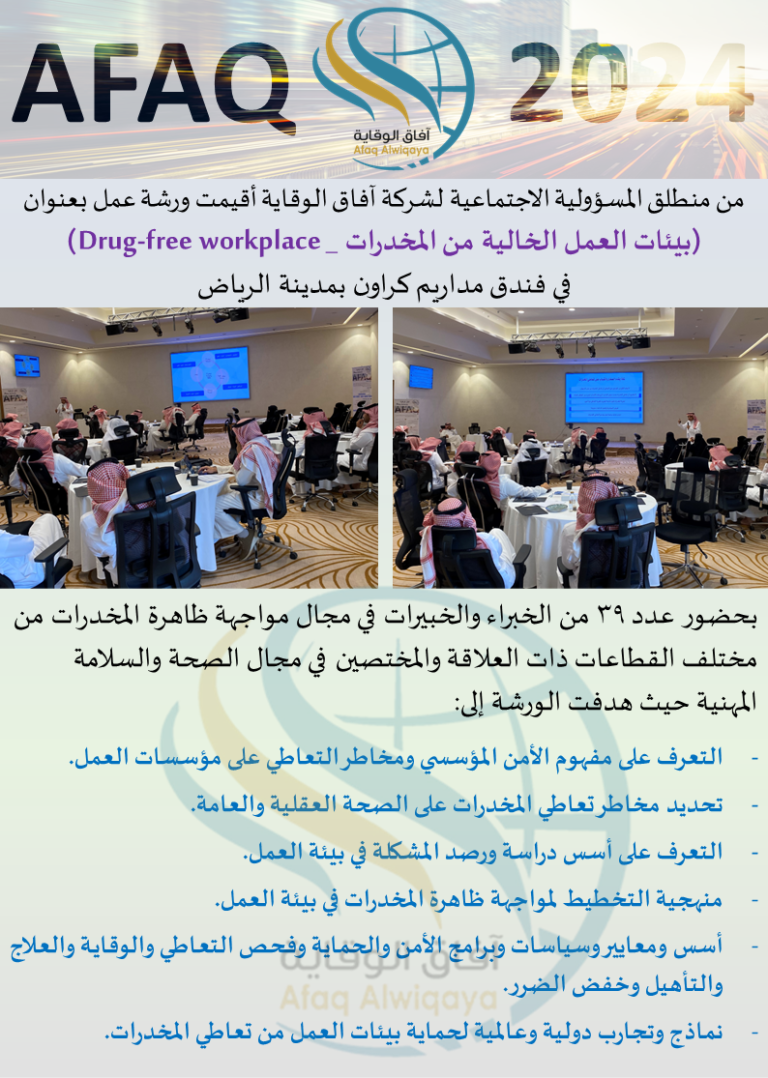 ورشة عمل بعنوان (بيئات العمل الخالية من المخدرات)